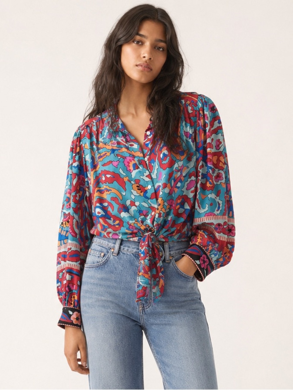 ba&sh Martha Shirt Small Blue Multi Floral Tie Front 70s Boho Blouse
